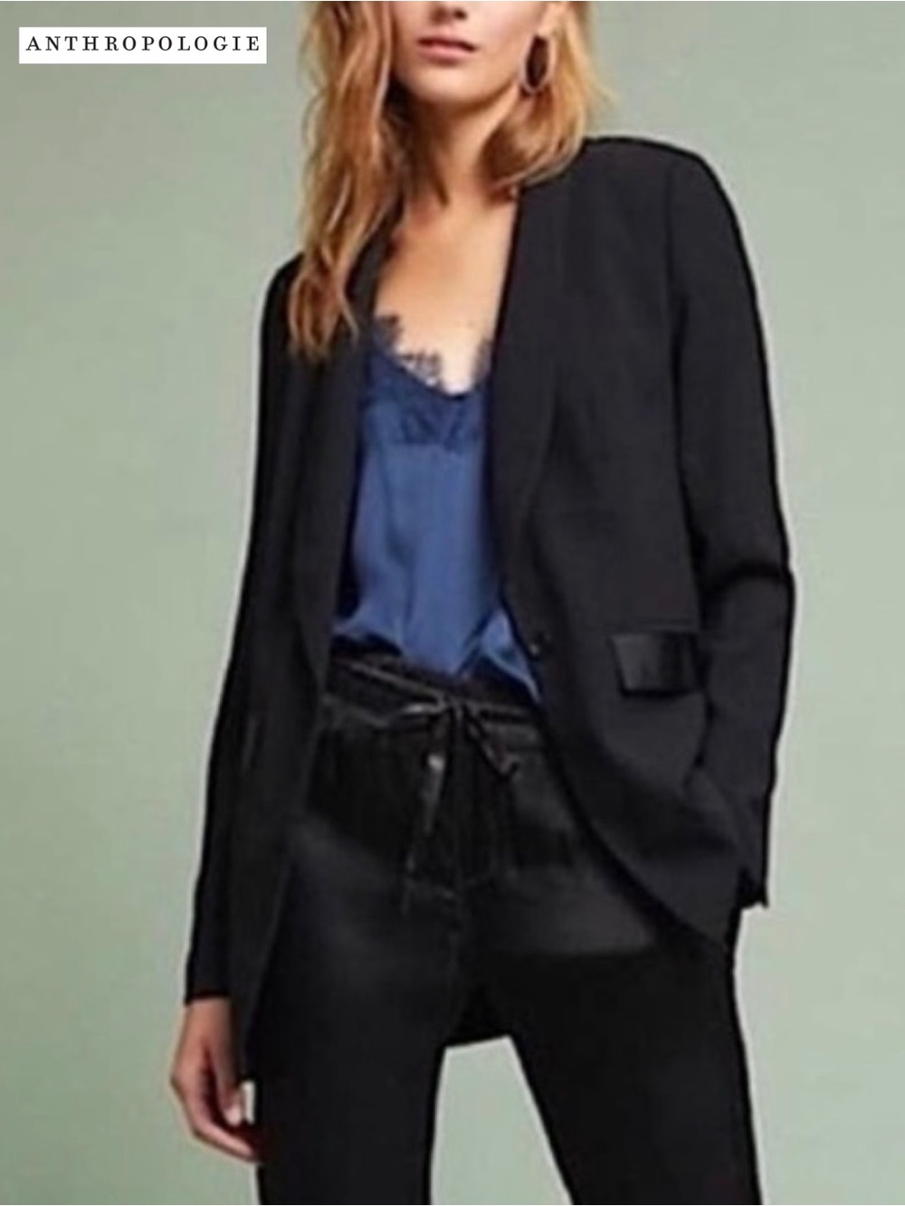 Anthropologie Essential Boyfriend Blazer Black Tuxedo Satin Trim Jacket Size 0 - Picture 2 of 16